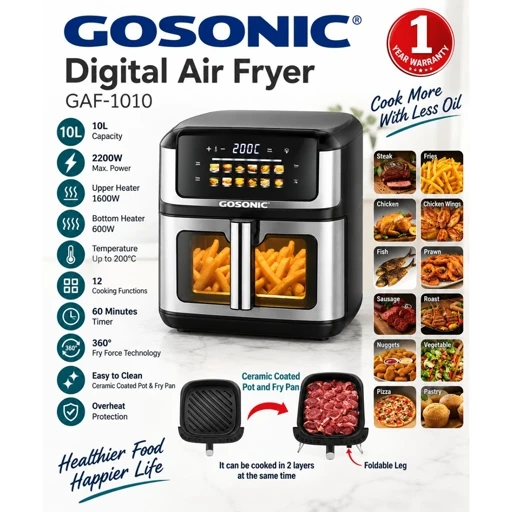 سرخ کن بدون روغن گوسونیک مدل GAF-1010 دارای توان 2200 وات ، ظرفیت داخلی 10 لیتر با روکش نچسب سرامیکی ، 12 برنامه پخت و پز با کنترل پنل دیجیتالی لمسی می ...